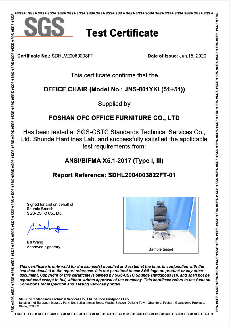 Giay chung nhan BIFMA ghe cong thai hoc B 801L