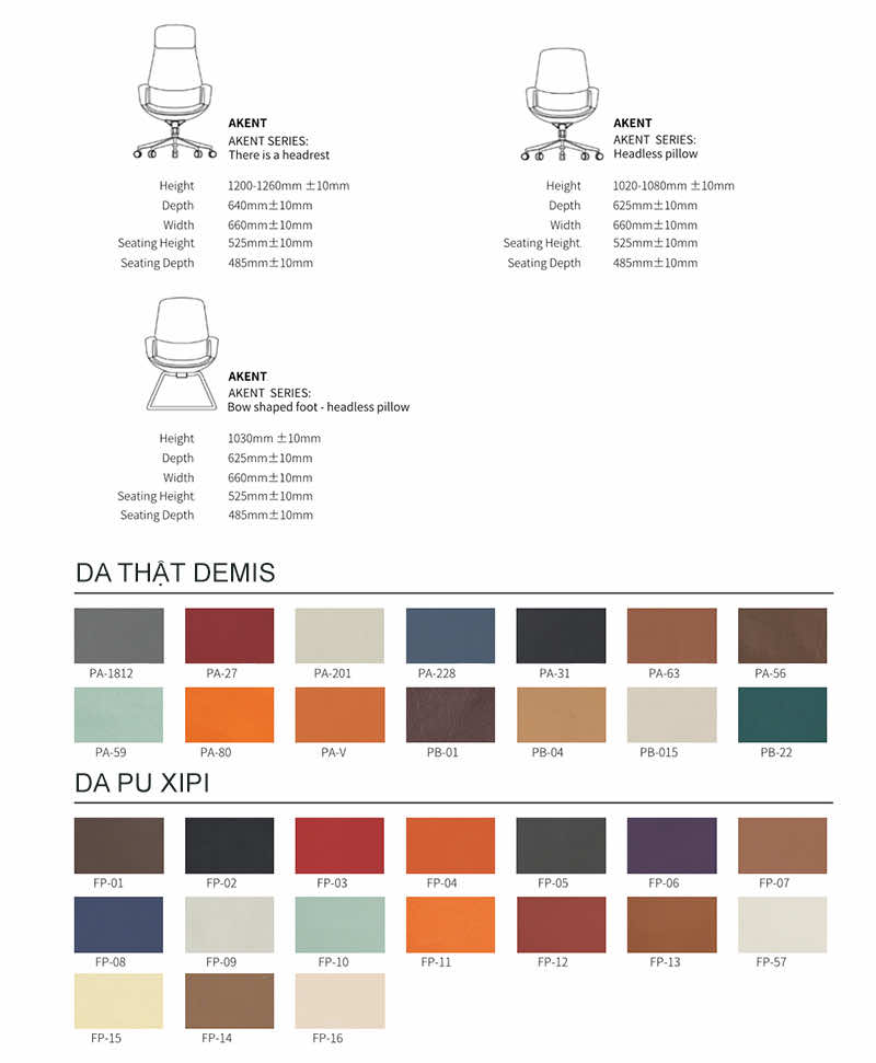Thông số kỹ thuật và bảng màu da cho ghế giám đốc KentF Thông số kỹ thuật và bảng màu da cho ghế giám đốc KentF