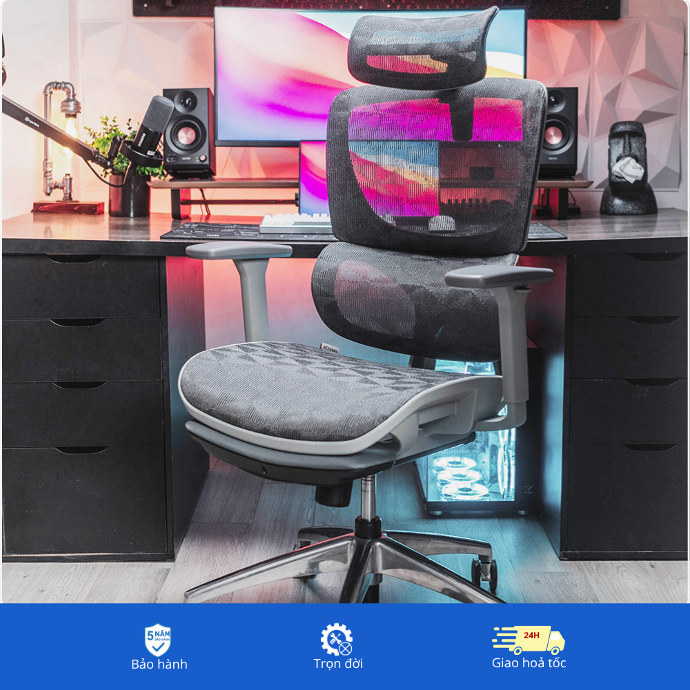 Ghế công thái học BC-102BV1 màu ghi chân nhôm đúc nguyên khối 1 Ghế B 102B Ghi