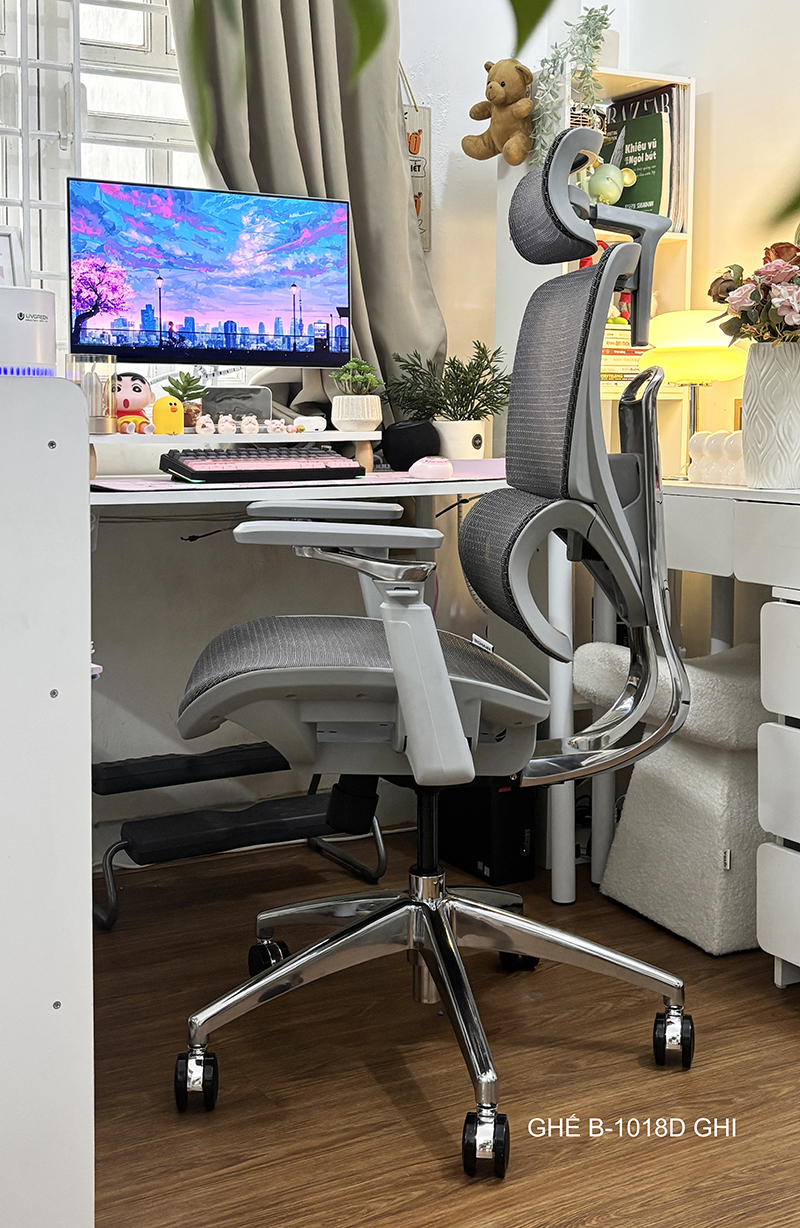 Ghế công thái học BC-1018V1 màu ghi tựa tay 5D, khung và chân nhôm đúc nguyên khối 6 Ghế công thái học B1018D Ghi Đẹp 1