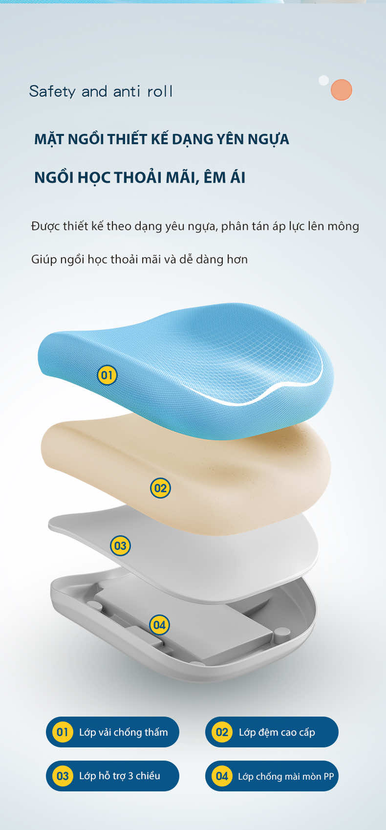 Mặt ngồi ghế DSY-1002 thiết kế theo kiểu dáng yên ngựa đặc biệt dành cho bé