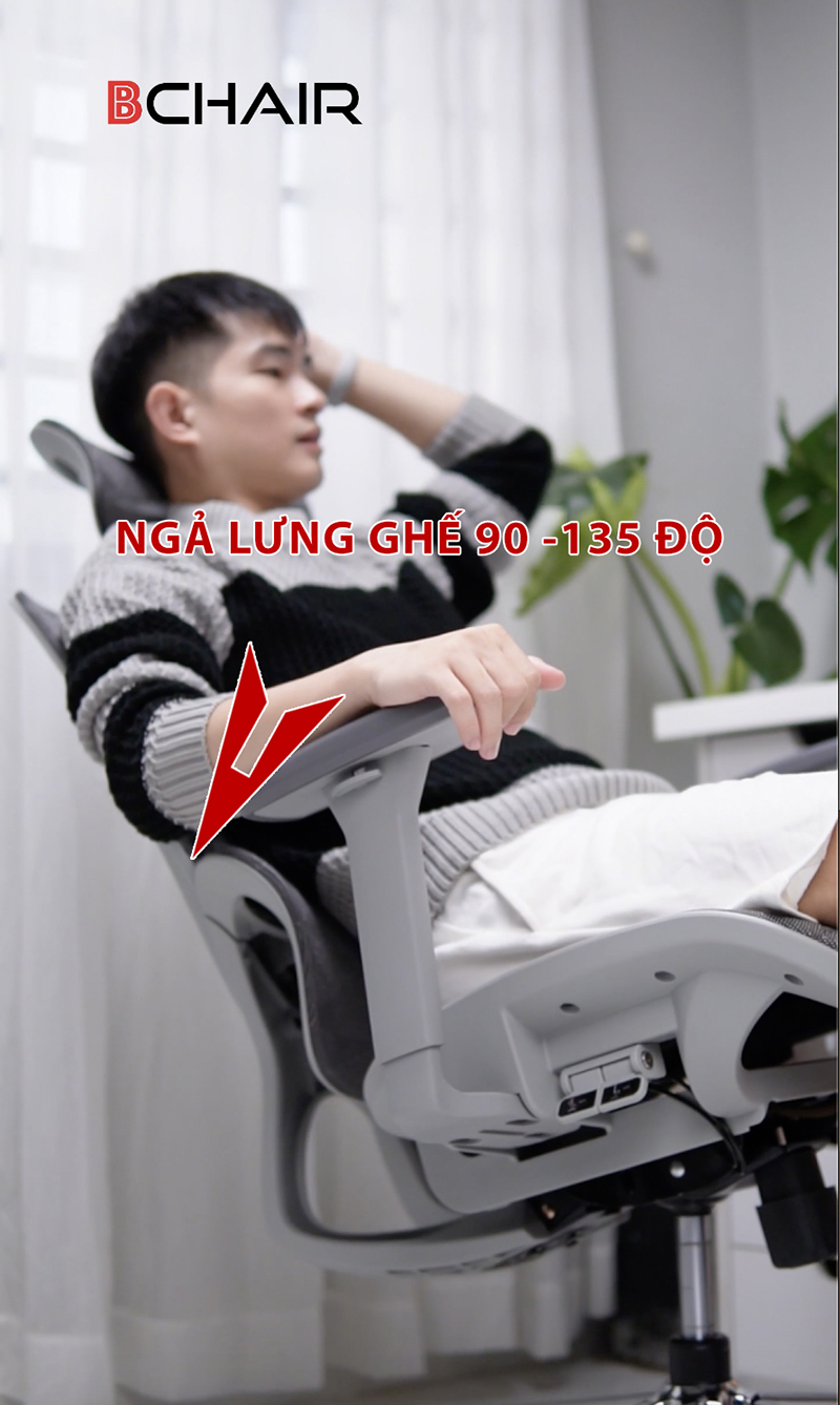 Ghế công thái học Ergonomic B-102A màu ghi chân kim loại mạ crom 38 Ngả lưng ghế 90 tới 135 độ