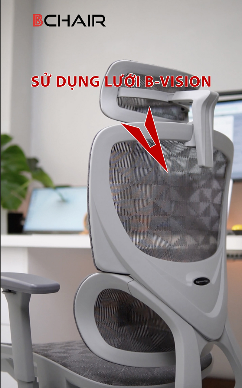 Ghế công thái học Ergonomic B-102A màu ghi chân kim loại mạ crom 37 Sử dụng lưới B-vision