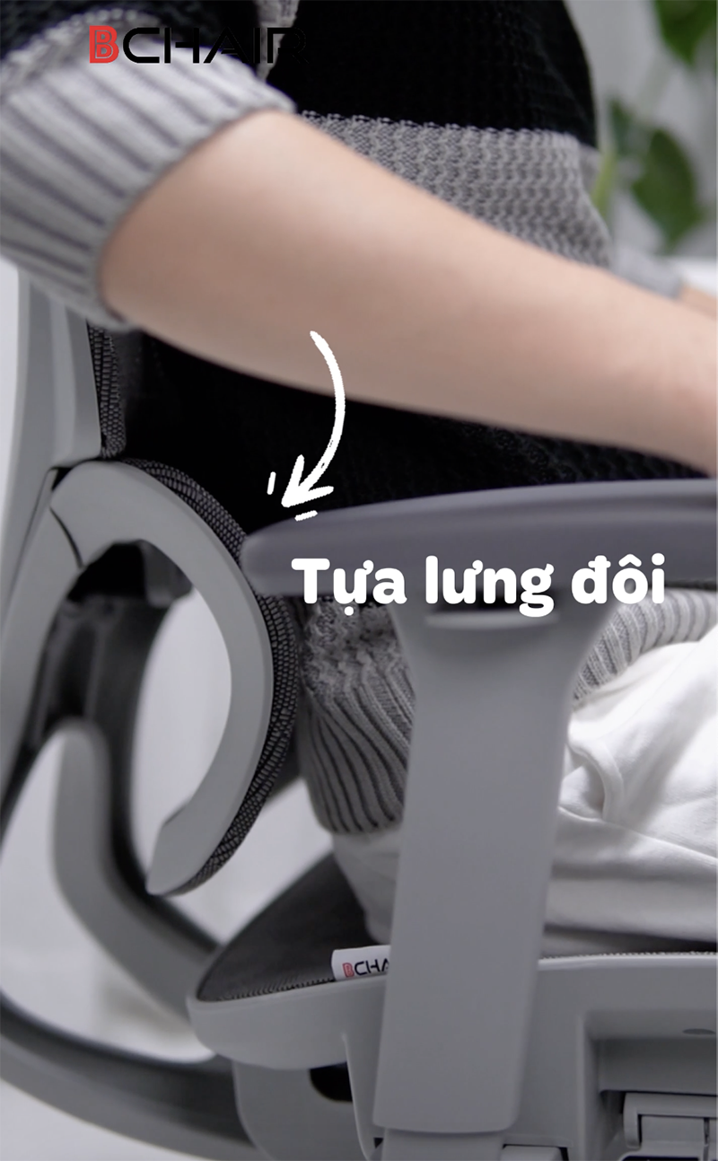 Ghế công thái học Ergonomic B-102A màu ghi chân kim loại mạ crom 39 Tựa lưng đôi