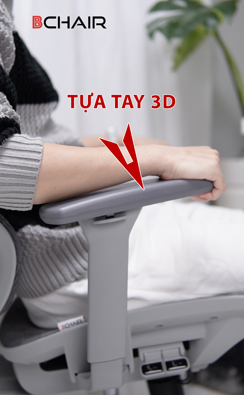 Ghế công thái học Ergonomic B-102A màu ghi chân kim loại mạ crom 40 Tựa tay 3D