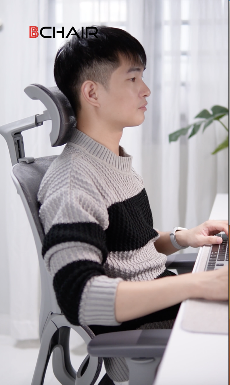 Ghế công thái học Ergonomic B-102A màu ghi chân kim loại mạ crom 41 Ngồi làm việc thoải mãi và không bị đau lưng