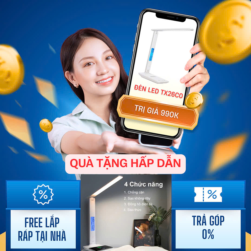 "HOT" tặng ngay chiếc đèn đa năng TX26CO trị giá 990k ( 4 chức năng đèn, sạc điện thoại không dây, đồng hồ, hẹn giờ)