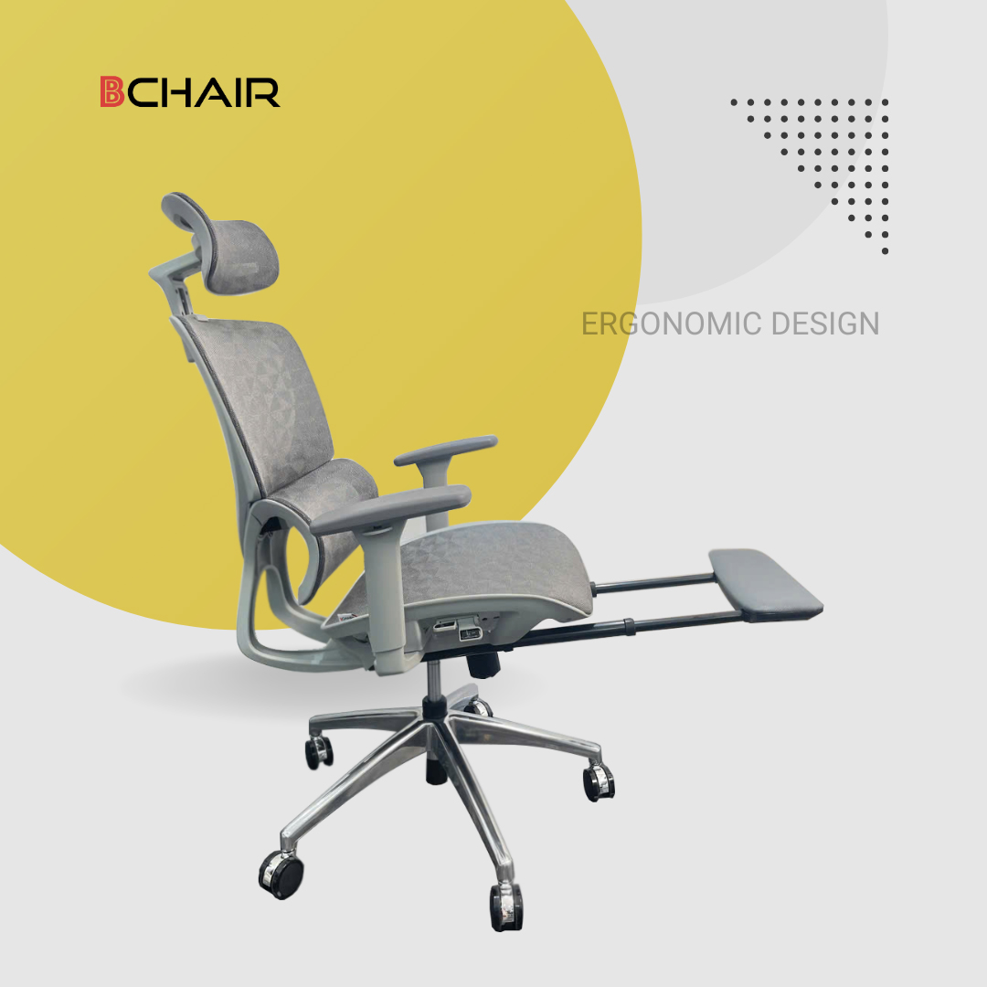 Ghế công thái học Ergonomic B-102A màu ghi chân kim loại mạ crom 2 B 102A Ghi Kê Chân